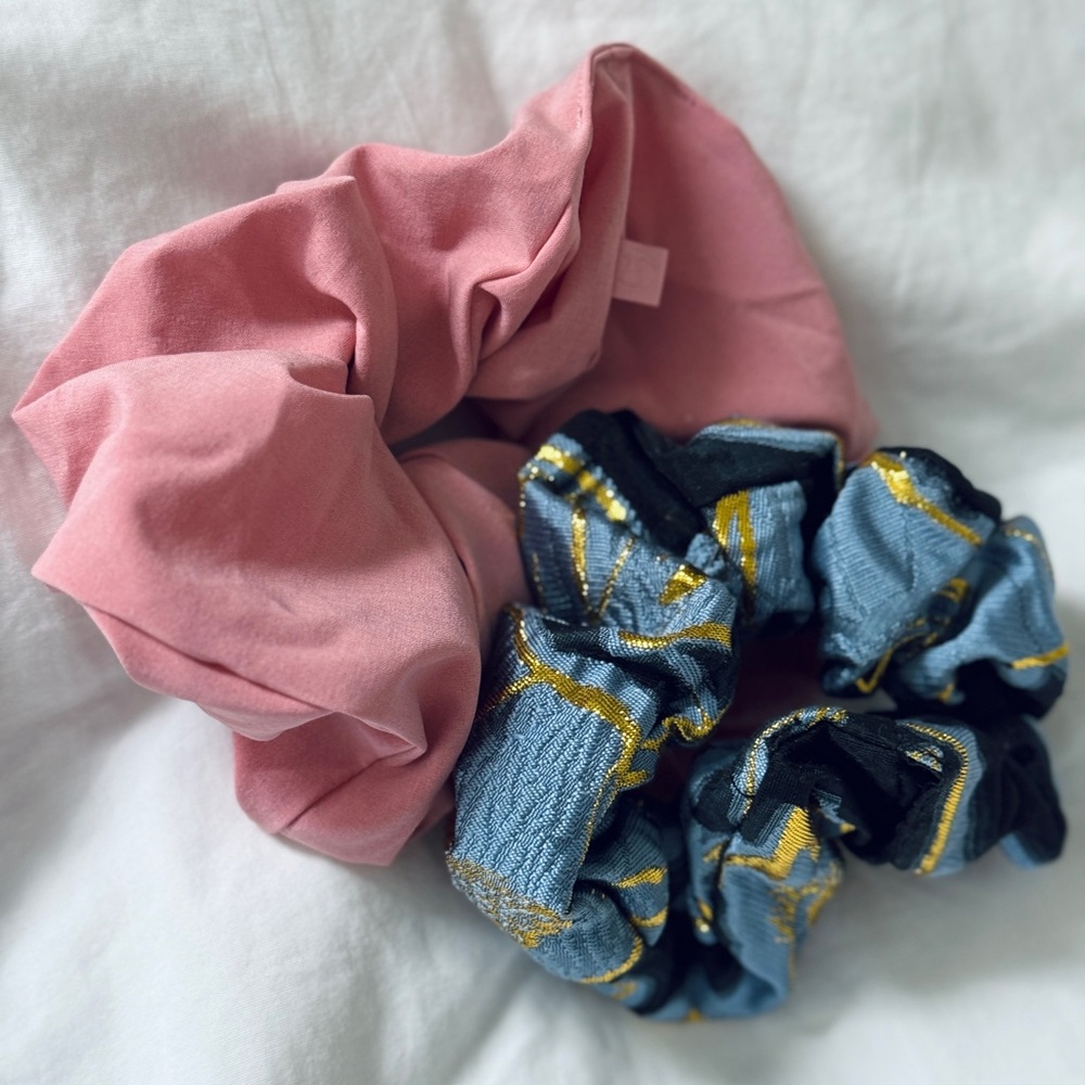 lululemon athletica Pink and other nice Gold-Accented Blue Scrunchie Set